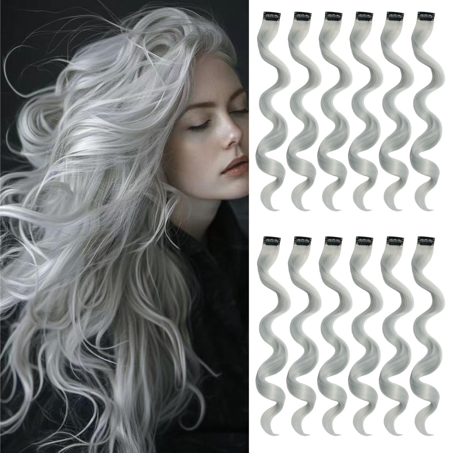 12 Pcs Curly Wavy Clip In Hair Extensions-20 Inch Synthetic Hair Extensions Clip Ins for Women, Traceless, Vibrant Party HairPerfect for Christmas, Halloween, Music Festival and Daily Use(Silver Gray)