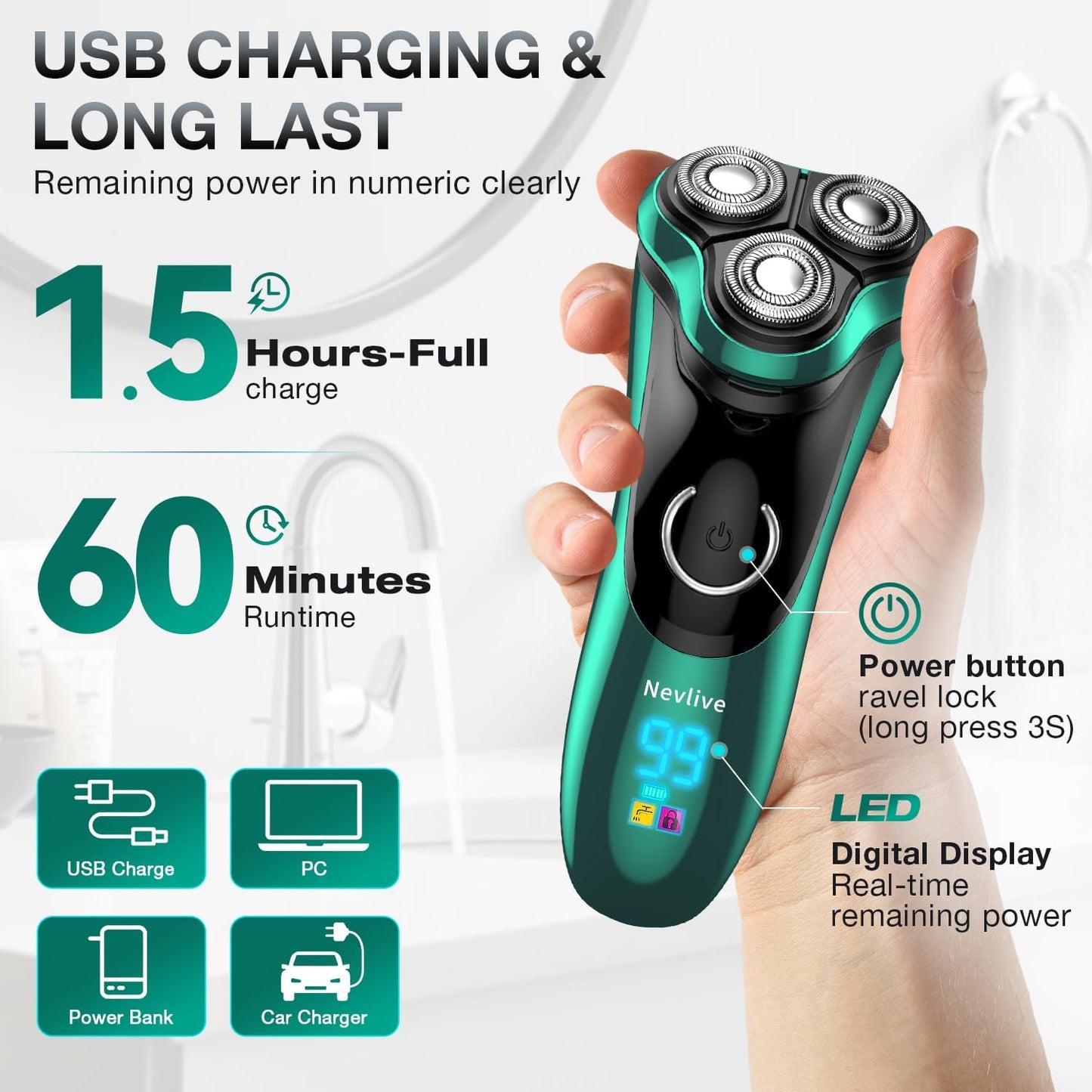 Skiennix Electric Razor for Men - Cordless Rechargeable Rotary Shaver with Pop-Up Trimmer | IPX6 Waterproof, Travel-Friendly Design