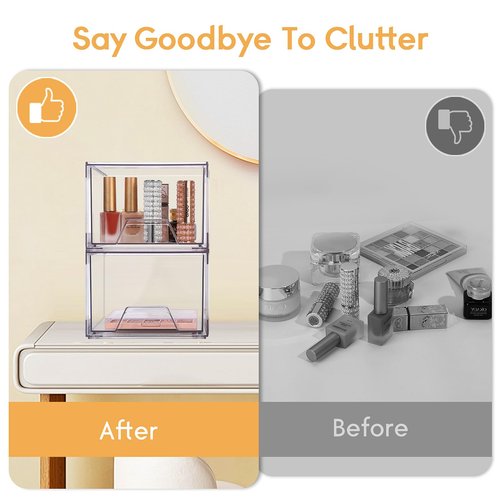 2 Pack Stackable Makeup Organizer, 4.4'' Tall Acrylic Bathroom Organizer and Storage Drawers, Clear Plastic Drawer Storage Bins For Vanity, Undersink, Cabinets, Pantry