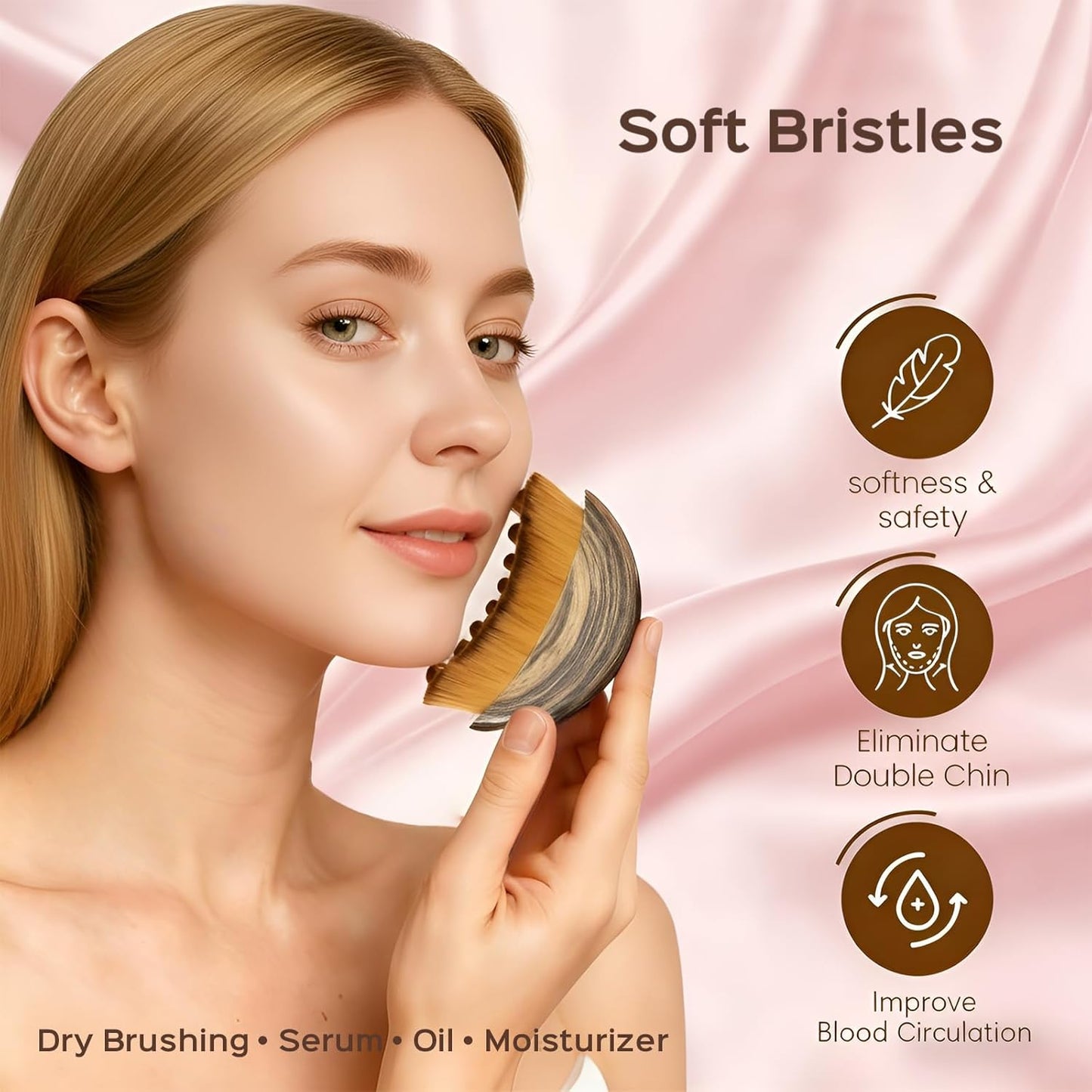 Skiennix Lymphatic Contour Face Brush - Soft Drainage Massager for Neck & Jawline Sculpting | Brown, 2-Pack