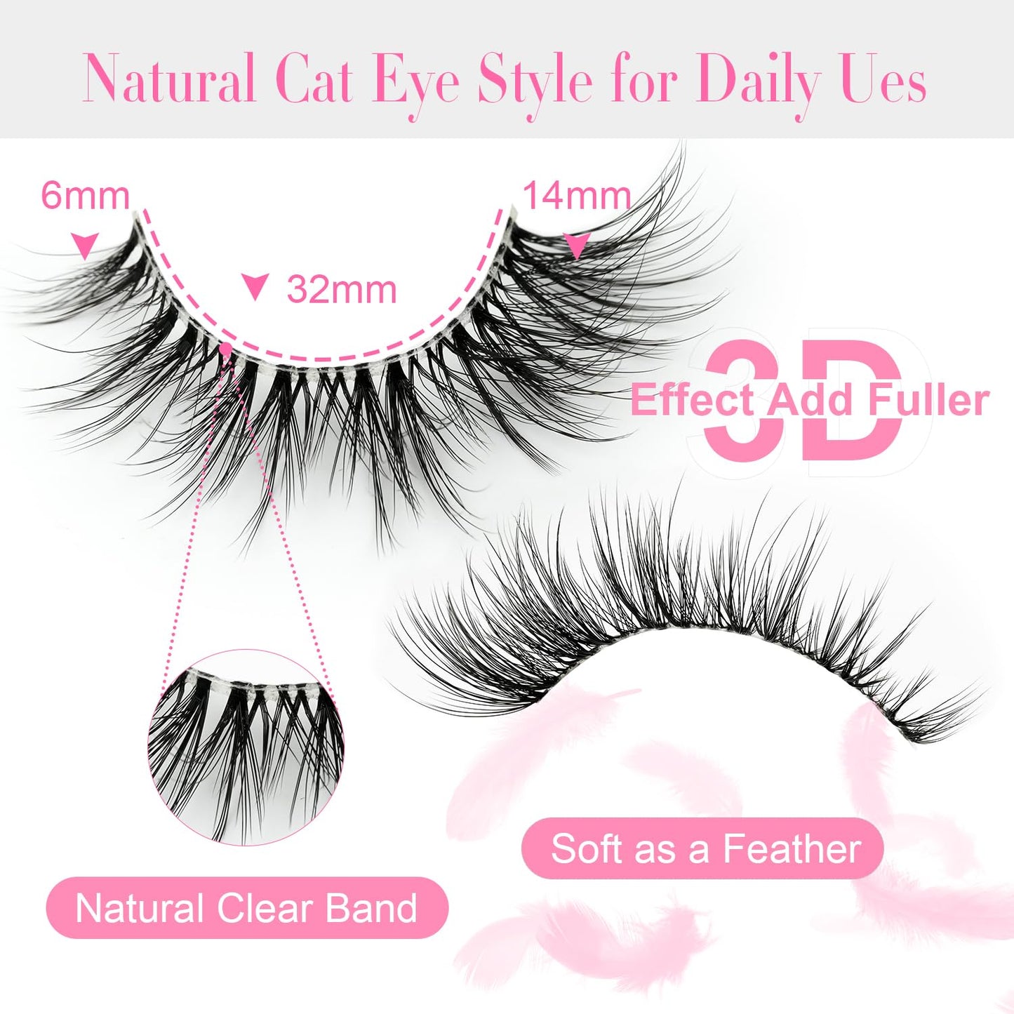 False Eyelashes Natural Look 14mm Long Wispy Lashes Strip Clear Band 14 Pairs 3D Faux Mink Fluffy Cat Eye Fake Lashes Soft Lightweight Pestañas Postizas Naturales by EMEDA(FF4）