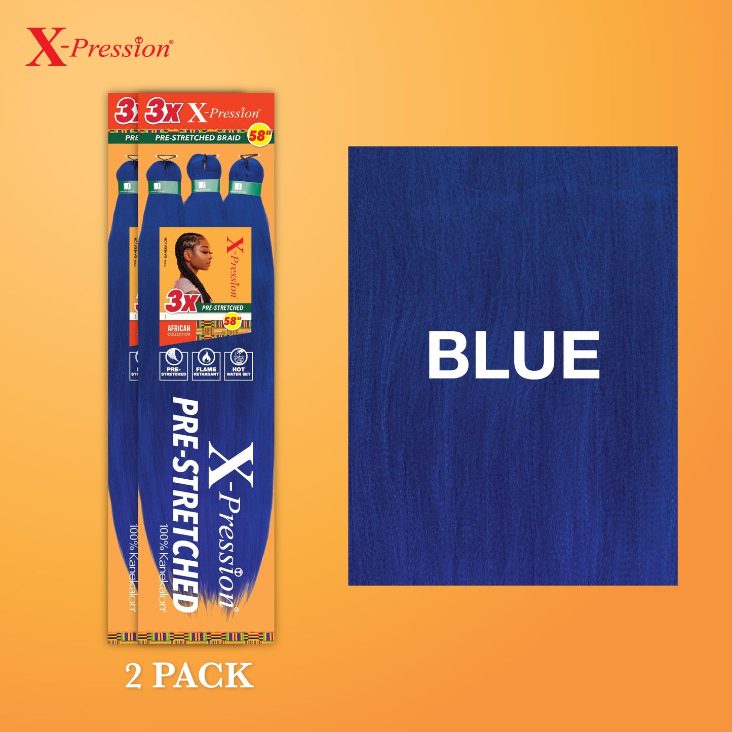 Sensationnel Xpression prestretched braiding hair - 3x xpression 58-inch flame retardant smooth yaki braid - 3x x-pression 58 inch (2 pack, BLUE)