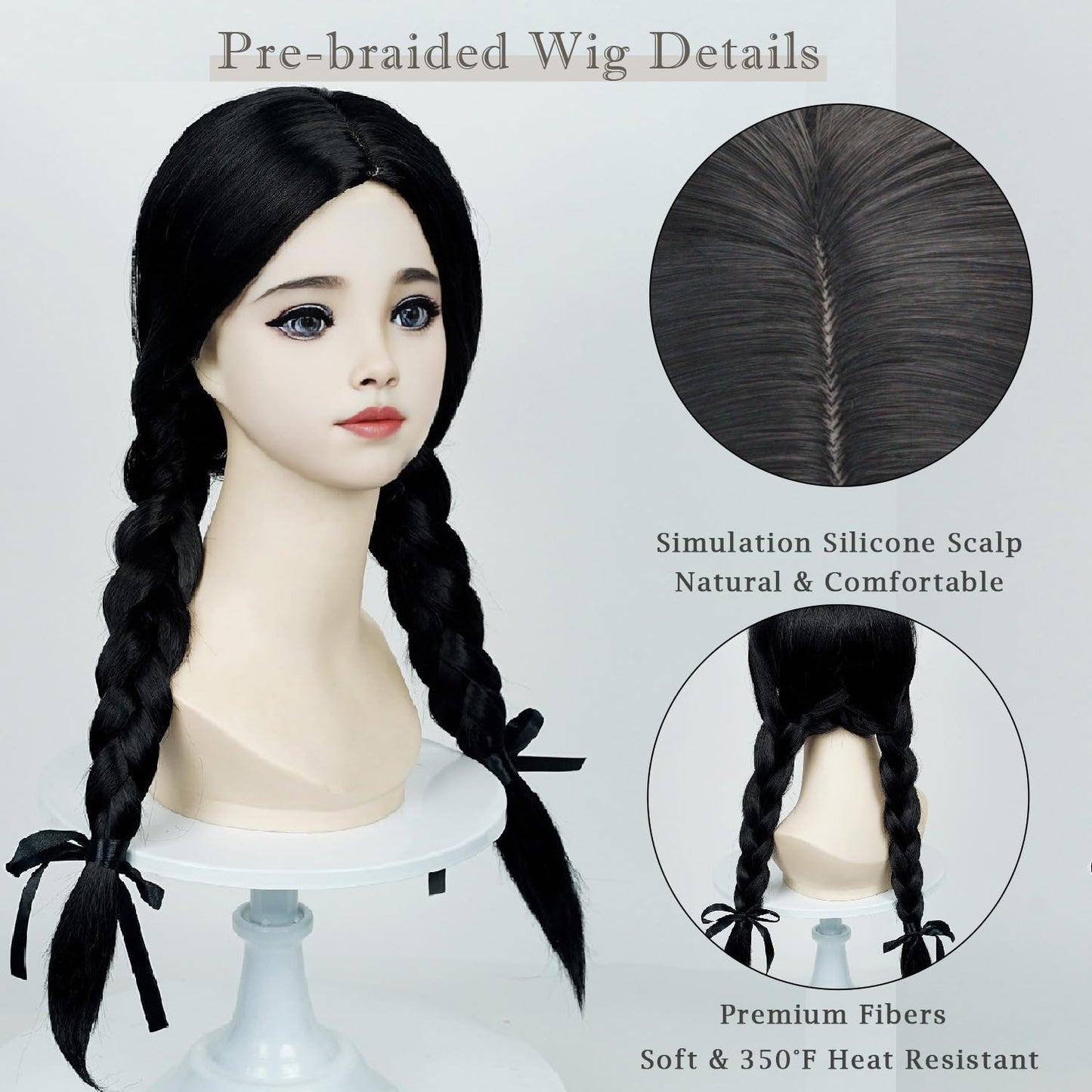 Wednesday Wig for Kids Girls, Black Braided Wig with Ribbons Wig Cap, Long Straight Middle Parting Synthetic Hair Wig for Halloween Costume Cosplay