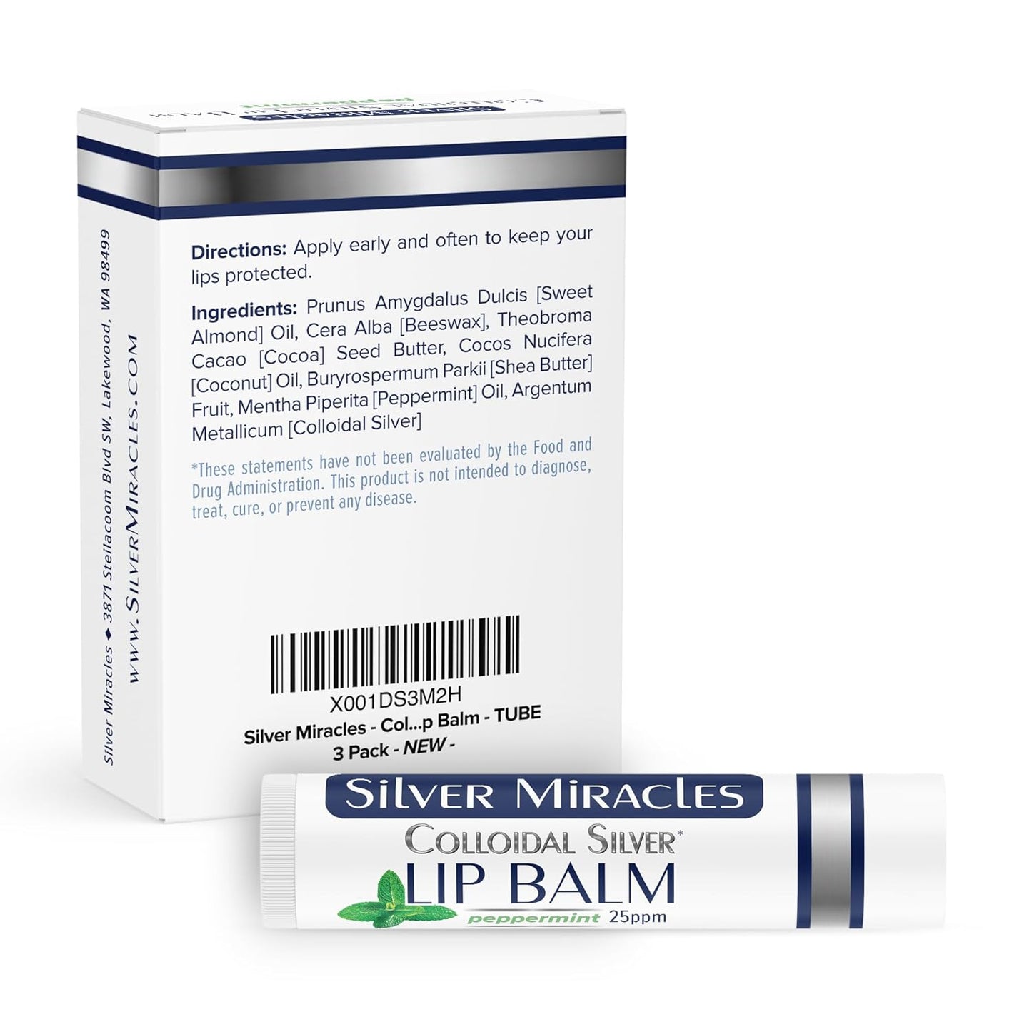 Silver Miracles - Colloidal Silver Lip Balm - Moisturizing Protection - 3 Tube Pack