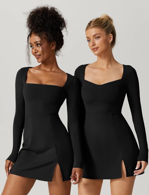 QINSEN Women's Long Sleeve Square Neck Mini Dress High Waist Party Club Outfit Black S