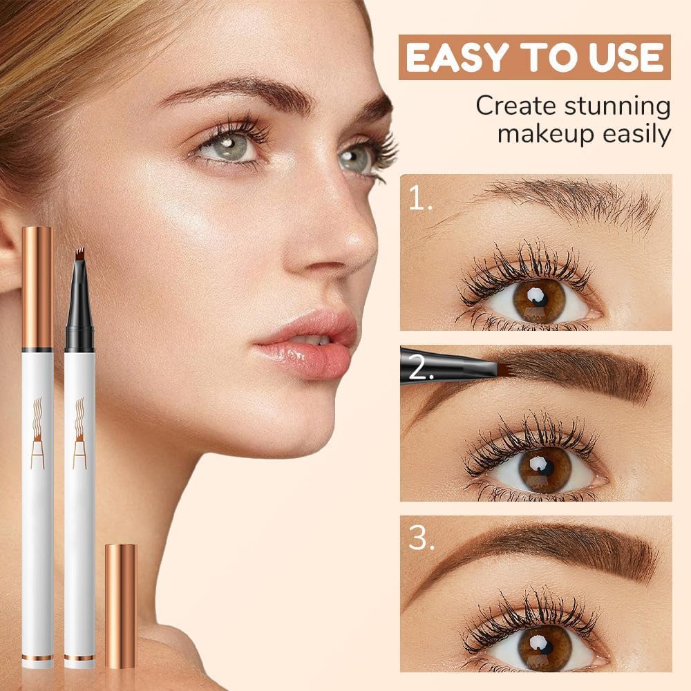 Skiennix Microblading Eyebrow Pen - 2026 Upgraded 3D Waterproof 4-Tip Pencil | Long-Lasting Dark Brown (2 Pcs)