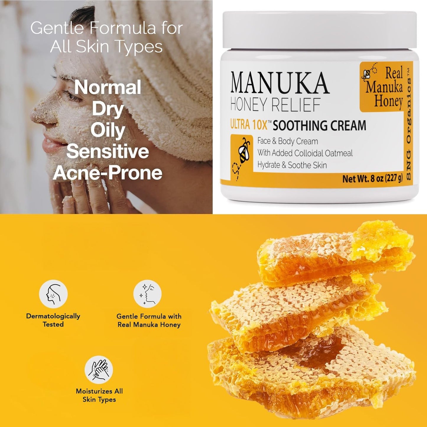 Super Natural Goods Manuka Honey Cream - Hydrating Lotion for All Skin Types | 8oz Moisturizing Body Cream with Real Manuka Honey, Aloe Vera & Cocoa Butter