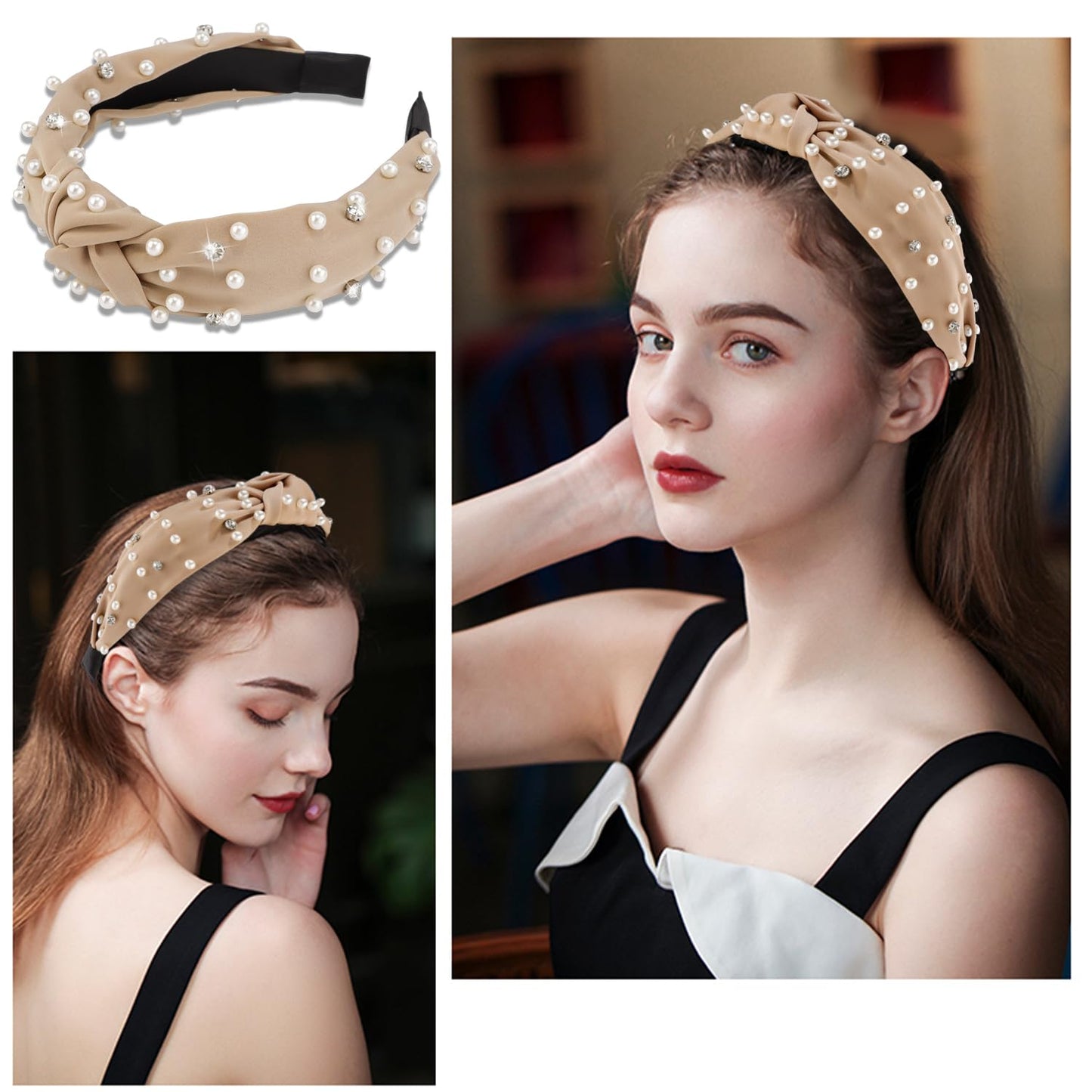 Atoden Pearl Knotted Rhinestone Wide Top Knot Beaded Jeweled Headbands for Women - Crystal Embellished Hair Accessories