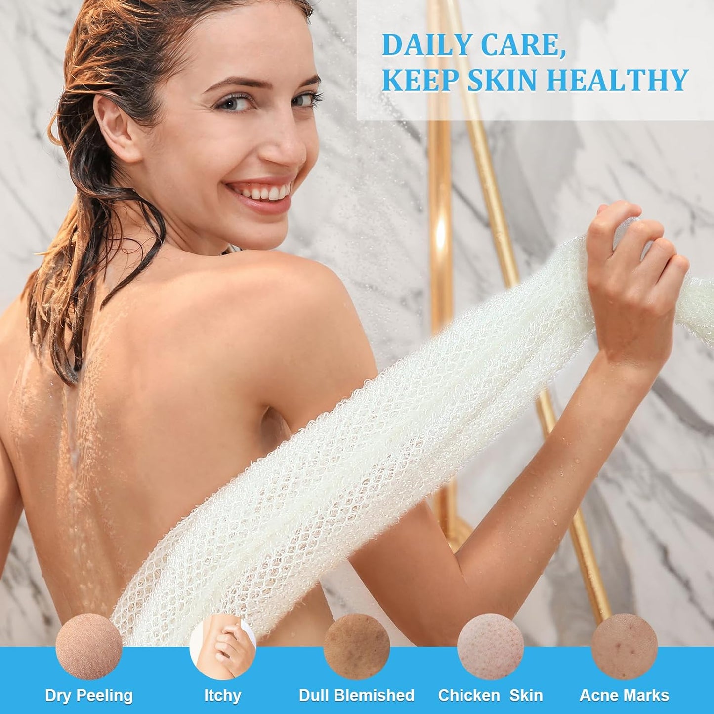 Skiennix African Exfoliating Net - 4 Pack Long Nylon Body Scrubbers for Shower & Bath (Multicolor)