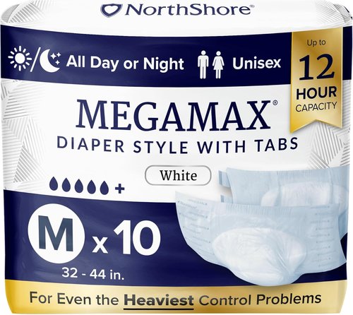 NorthShore MegaMax Adult Diapers - 12-Hour Protection for Heavy Bladder Leaks | Medium, 10 Count, White (32-44 inches)