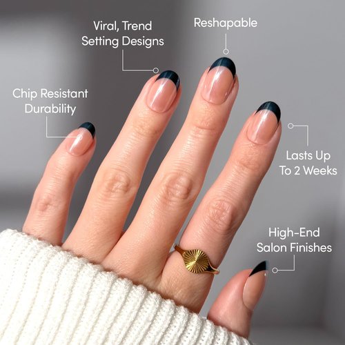 Glamnetic Press On Nails - Onyx Glaze | Short Round Black French Tip Fake Nails, Salon Quality French Manicure | 12 Sizes - 30 Nail Kit with Glue