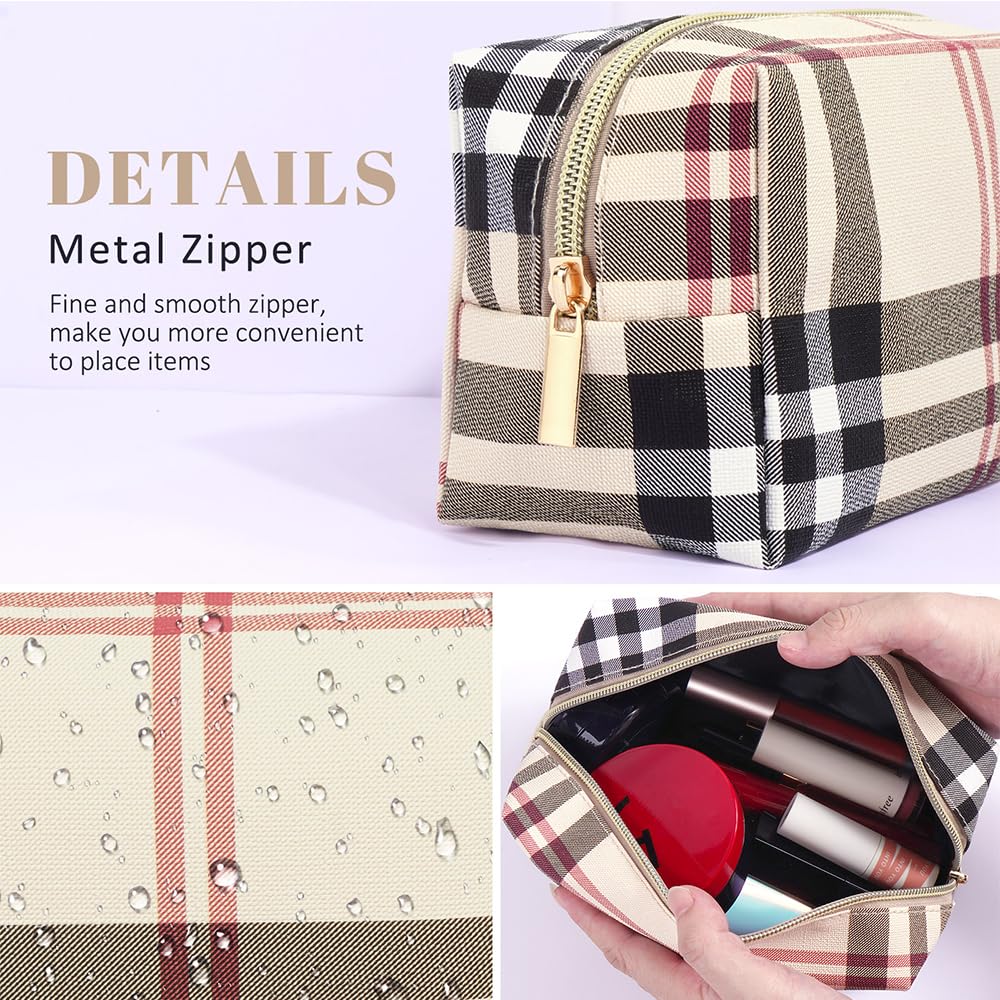 MAANGE Small Makeup Bag for Purse, 2 PCS Cosmetic Bag for Women Travel Makeup Pouch Leather Make up Bag Portable Zipper Pouch Brushes Bag - khaki plaid