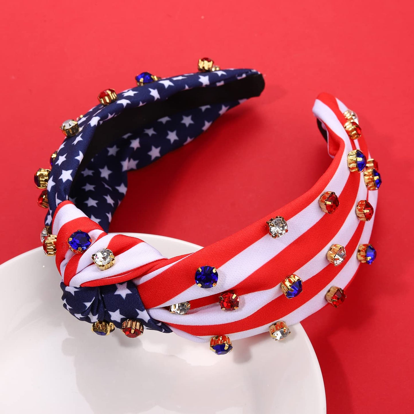 American Flag Headband Patriotic Rhinestone Cross Knotted Turban Hair Hoop 4th of July Crystal Twist Velvet Wide Hairband Party Hair Accessory