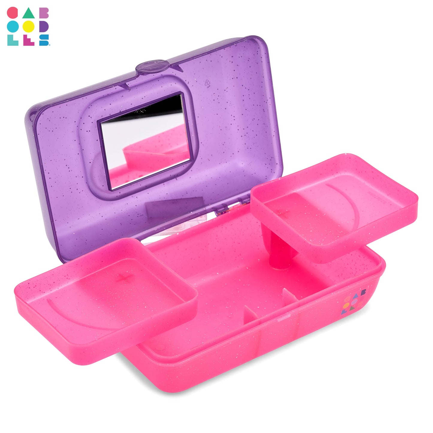 Caboodles Pretty in Petite Makeup Box, Two-Tone Purple Sparkle on Pink Sparkle, Hard Plastic Organizer Box, 2 Swivel Trays, Fashion Mirror, Secure Latch for Safe Travel