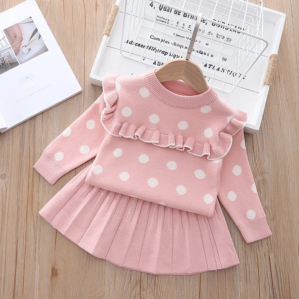 Girls Autumn Winter Fall Clothes Knit Long Sleeve Ruffle Sweater Top+Pleated Mini Tutu Skirt 2pcs Outfit for Kids Princess Casual Playwear Homewear Clothing Set Pink-Polka Dots 18-24 Months