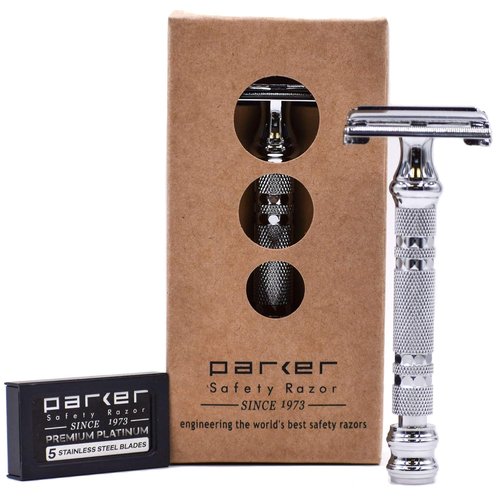 Parker 66R Butterfly Safety Razor - Long Handle Twist-to-Open Brass Frame for Comfortable Shaves | 5 Blades Included