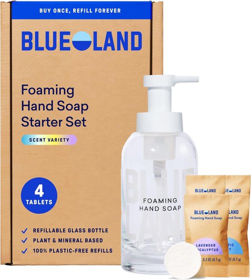 BLUELAND Hand Soap Starter Set - Refillable Glass Foaming Dispenser with 4 Scents | 4 x 9 Fl Oz
