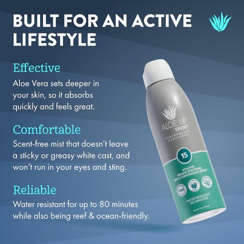 Aloe Up Sport Spray Sunscreen SPF 15 - Hydrating Aloe Vera Gel, Fast Absorbing, Reef Friendly | 6 Oz