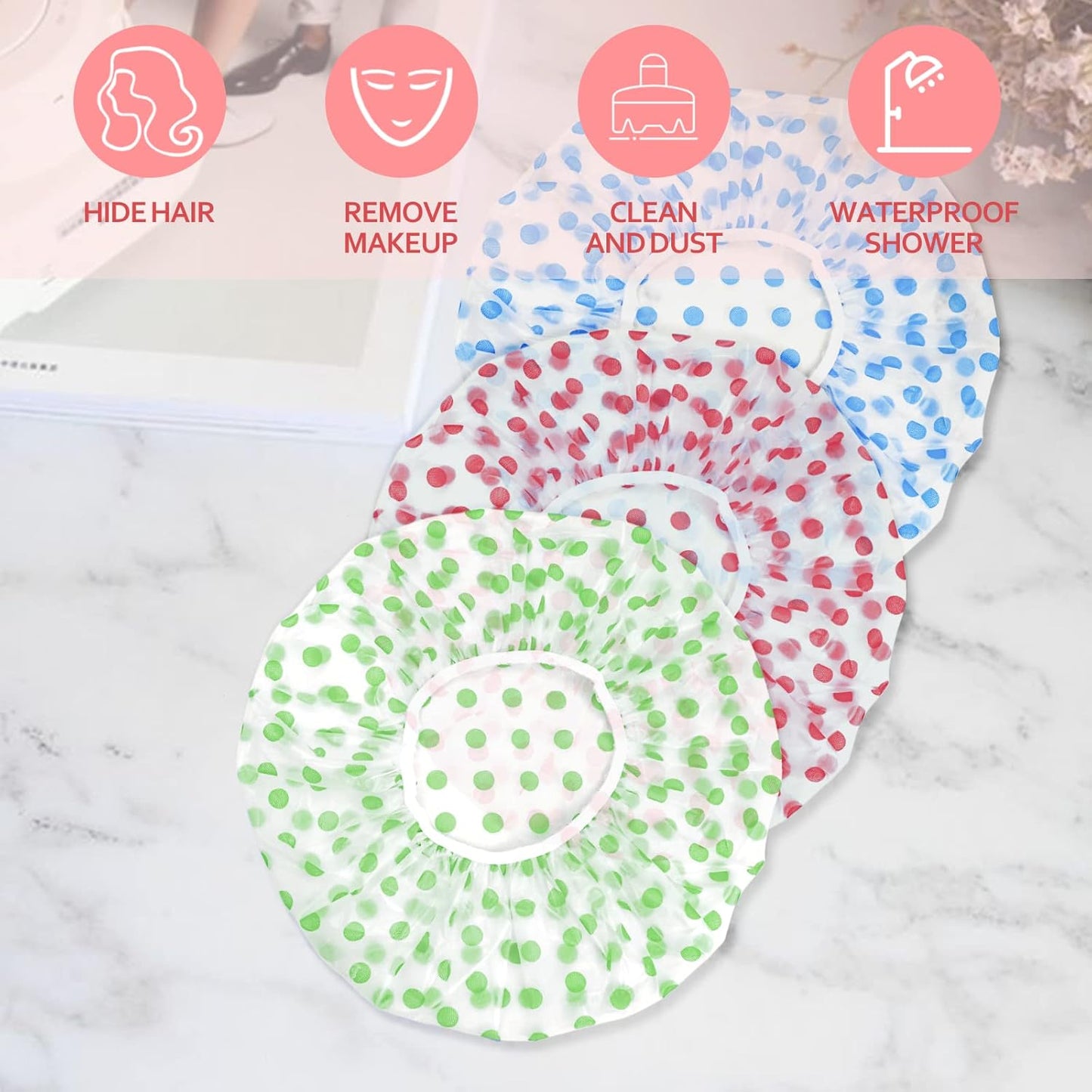 Skiennix Shower Caps - Reusable Waterproof Elastic Caps for Women | 3-Pack in Red, Green, Blue