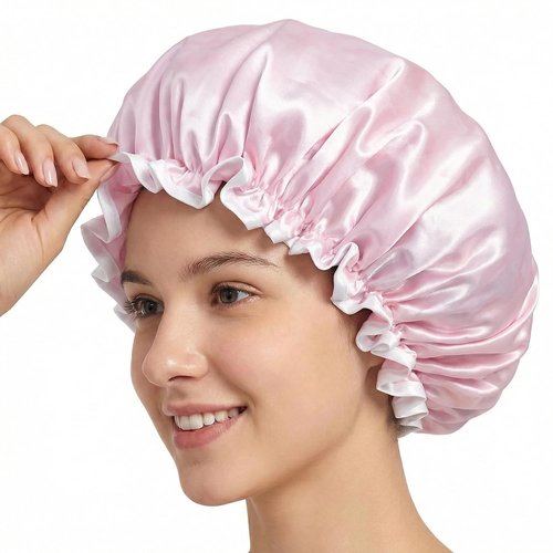 Aquior Waterproof Shower Caps for Women - Reusable Hair Cap with Soft Elastic | Large Pink Design for Long Hair