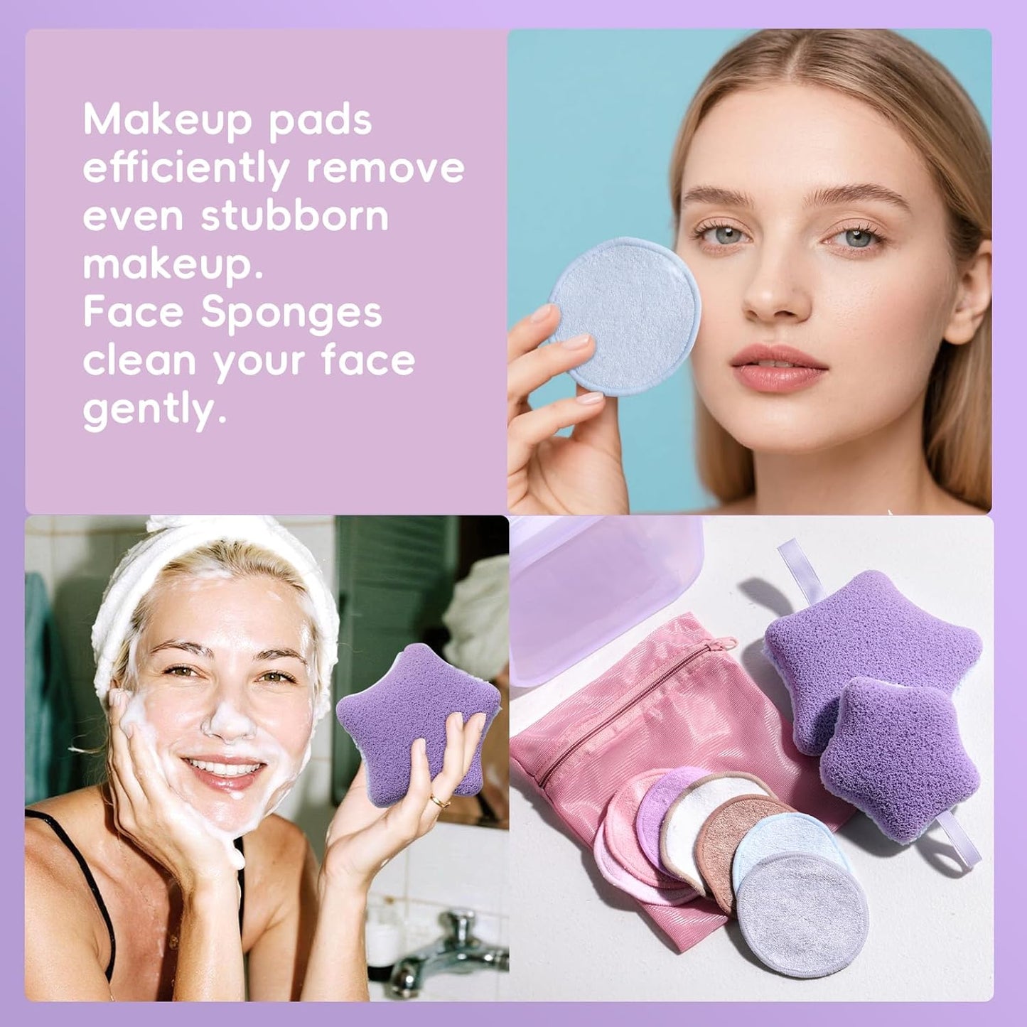 BS-MALL Gentle Facial Sponges - 10 Reusable Makeup Removal Pads with Travel Bag | Deep Clean & Exfoliate