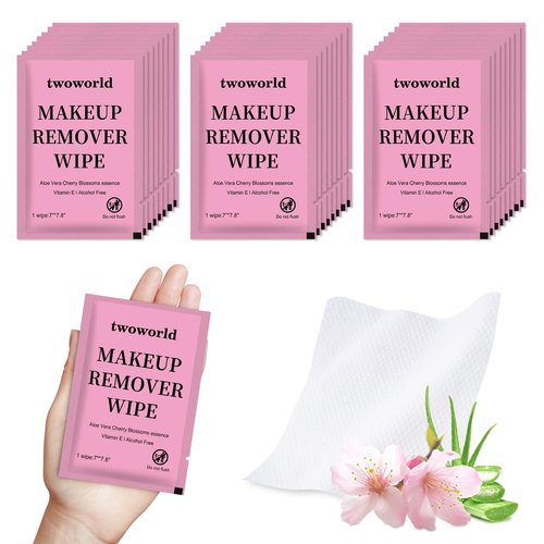 Twoworld Makeup Remover Wipes Bulk Individually Wrapped,Travel Makeup Wipes Gentle for Face Cleansing Mascara Lipstick Travel Hotel(Aloe Vera & Cherry Blossoms,Pack of 100)