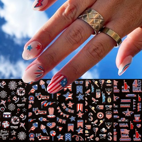 5Sheets 4th of July 5D Nail Art Stickers Decals Red Blue White American Flag Self-Adhesive Embossed Nail Decals Stars Heart Designs Independence Day Nail Decorations DIY Nail Supplies for Women Kids