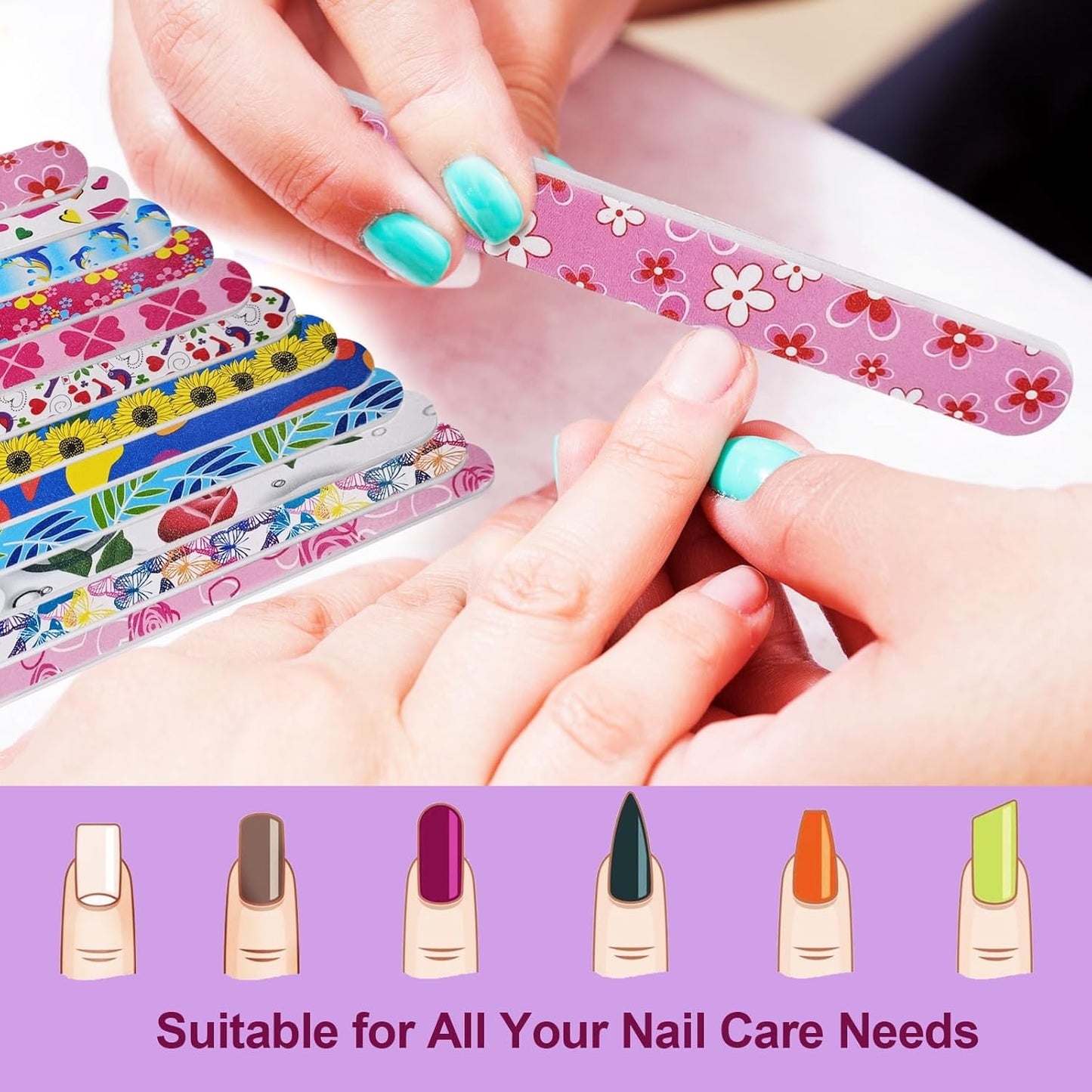 Skiennix Nail Files - Colorful Emery Boards for Natural Nails | Double-Sided 180 Grit, 24 Pack