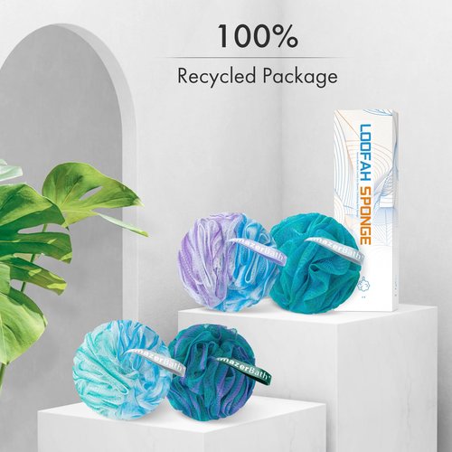 AmazerBath Charcoal Loofah Sponge, Shower Loofah 60g/PCS - Body Scrubber Loofa Set of 4 - Green, Purple & Blue, Bath Sponge for Men and Women