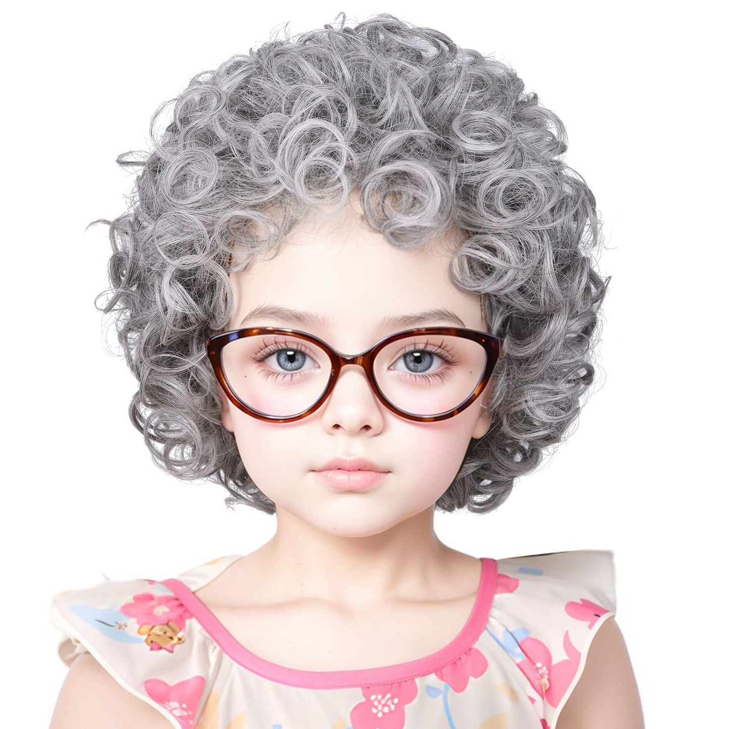 Gray Curly Wig with Granny Glasses and Pearl Necklace Old Lady Costume for Halloween Party for Girl Kid