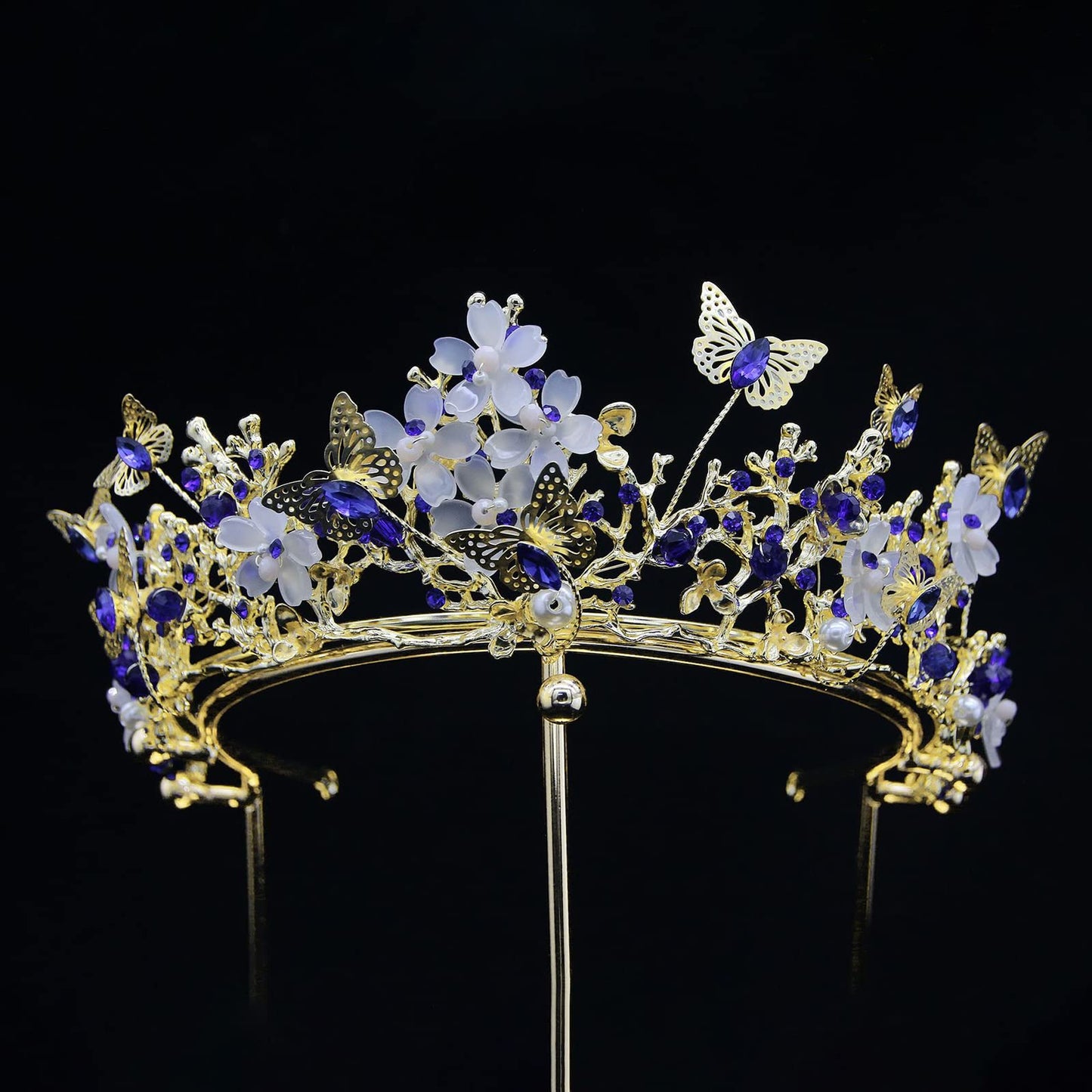 Brihasory Butterfly Queen Birthday Crowns Gold Tiaras for Bride, Crystal Royal Princess Wedding Rhinestone Headband, Costmue Party Christmas Halloween Black Prom Headpiece for Women and Girls (Blue)