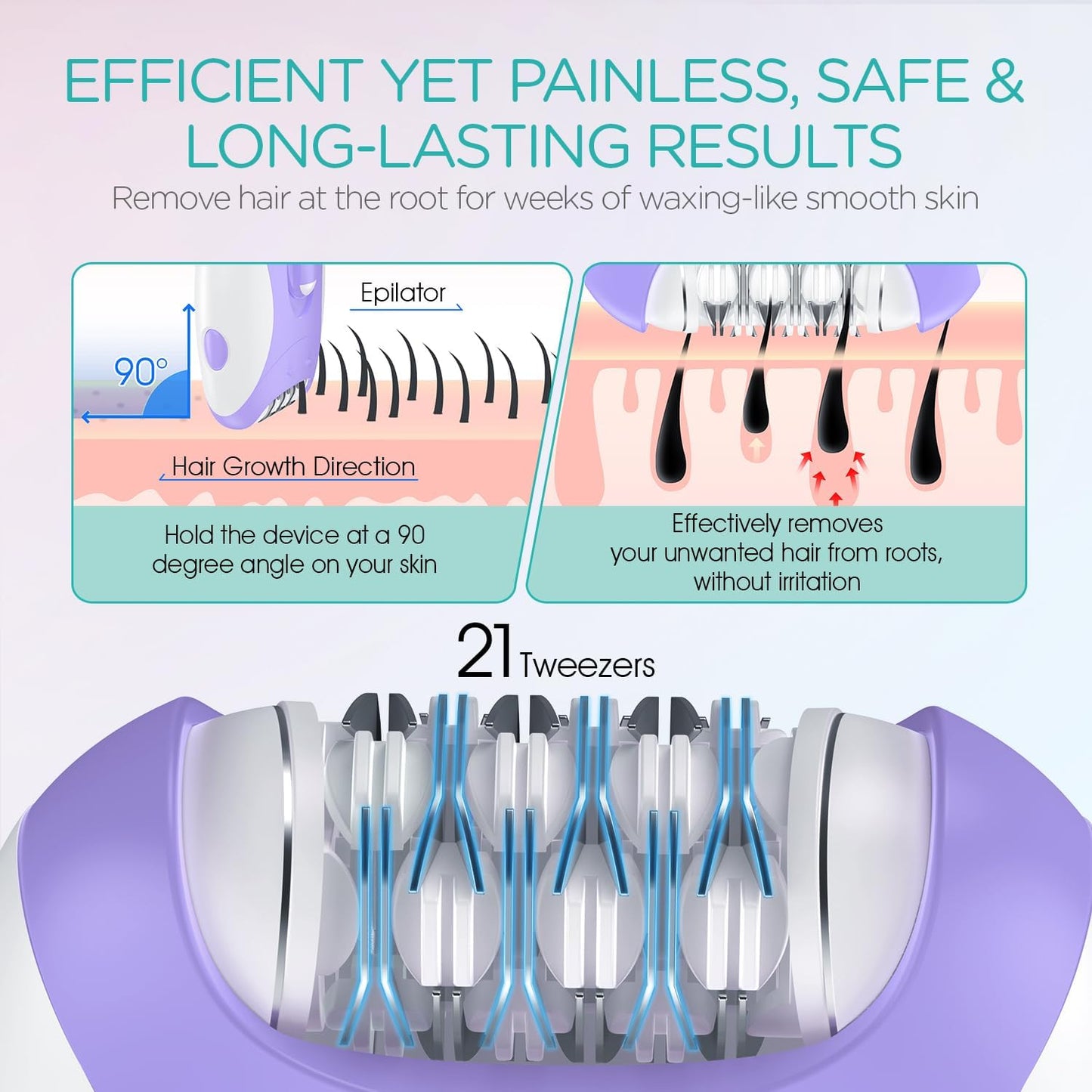 VOGOE Epilator for Women - Cordless Hair Removal with 21 Tweezers & LED Light | Rechargeable, 2 Speeds, Purple
