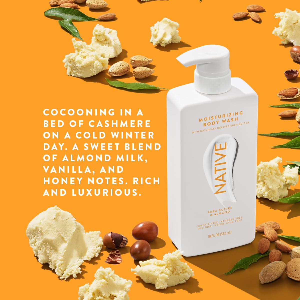 Native Moisturizing Body Wash Contains Naturally Derived Ingredients | For Women & Men, Sulfate, Paraben, & Dye Free Leaving Skin Soft and Hydrated | Shea Butter & Almond 18 oz
