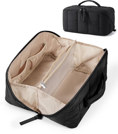 BAGSMART Travel Makeup Bag - Portable Water-Resistant Cosmetic Organizer Pouch | Black, Open Flat Design