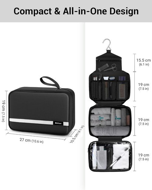 Maliton Toiletry Bag - Waterproof Travel Organizer for Men & Women | 4 Compartments, Large Size (Black)