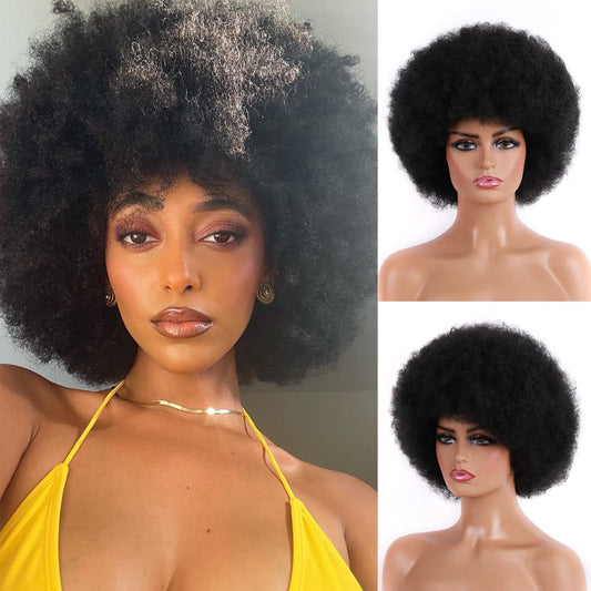 70s Afro Wigs for Women, Black Women Afro Curly Wigs, Glueless Synthetic Wigs, Large Fluffy Flexible Soft Natural Full Wigs for Everyday Party Cosplay Costumes (Natural Black)