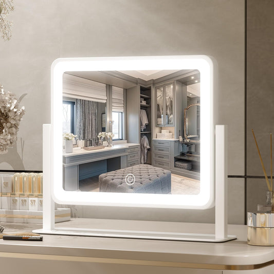 PRIMETEK LED Vanity Mirror with Gift Box, 14"x12" LED Lighted Makeup Mirror, Makeup Mirror with Lights, 3-Color Lighting, 5X Magnification, for Desk Tabletop, Bedroom, Gifts for her