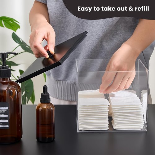 Puricon Acrylic Disposable Facial Towels Holder, Clear Storage Bin with Wood Lid Compatible with Clean Skin Club Towel (NOT Included), Face Towelettes Container for Bathroom Counter -Black