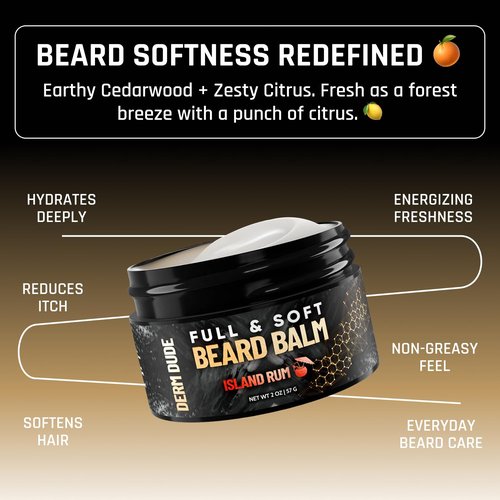 Derm Dude Beard Balm - Conditioning Formula with Natural Oils for Growth & Softness | Island Rum, 2oz