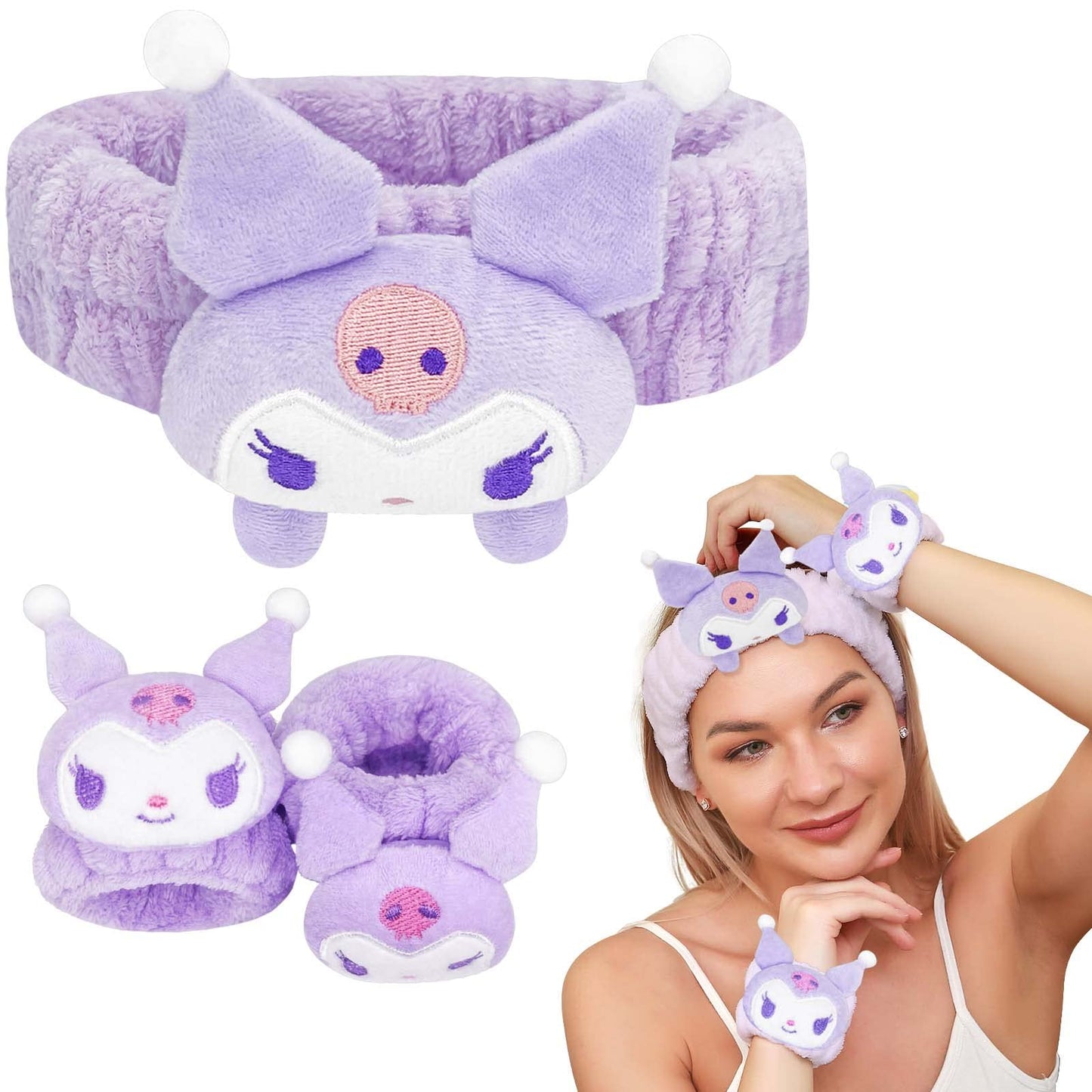 Kugiter Cute Spa Headband and Wristband Set for Face Washing, Kawaii Soft Skincare Headbands for Women Girls, Purple Makeup Headband for Washing Face, Bath, Shower, Beauty