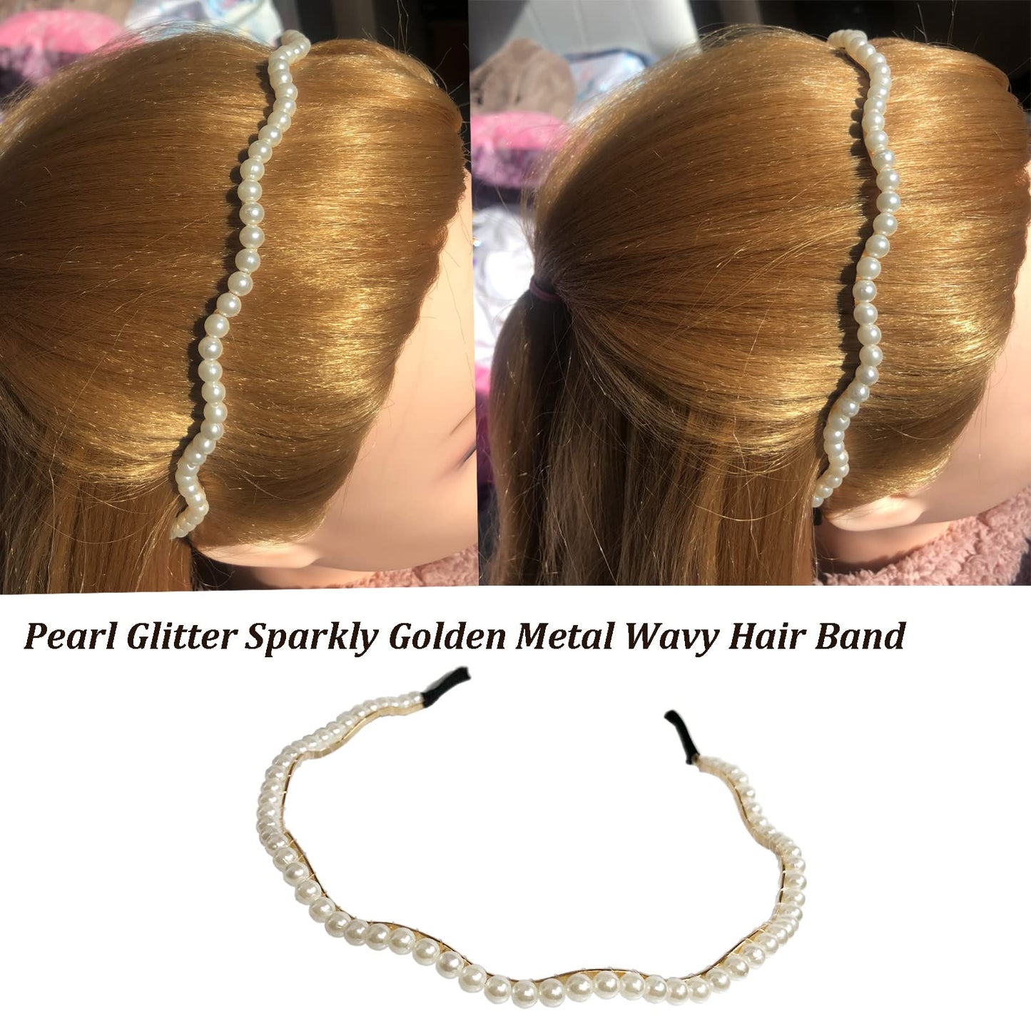 LINAYOHA 1Pcs Pearl Glitter Sparkly Golden Metal Wavy Headbands Hair Band Hoop Clip for Women Girl Hair pin Headwear Barrette Styling Bridal Princess Wedding For Valentines Gift