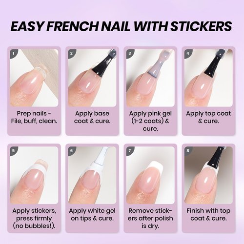 Beetles French Tip Gel Polish Set - Spring White Pink Gel Nail Polish Set 15ML Full Size Soak Off UV LED with 2 Styles Classic French Nail Art Sticker Sheets Manicure DIY Home Salon Gifts for Women