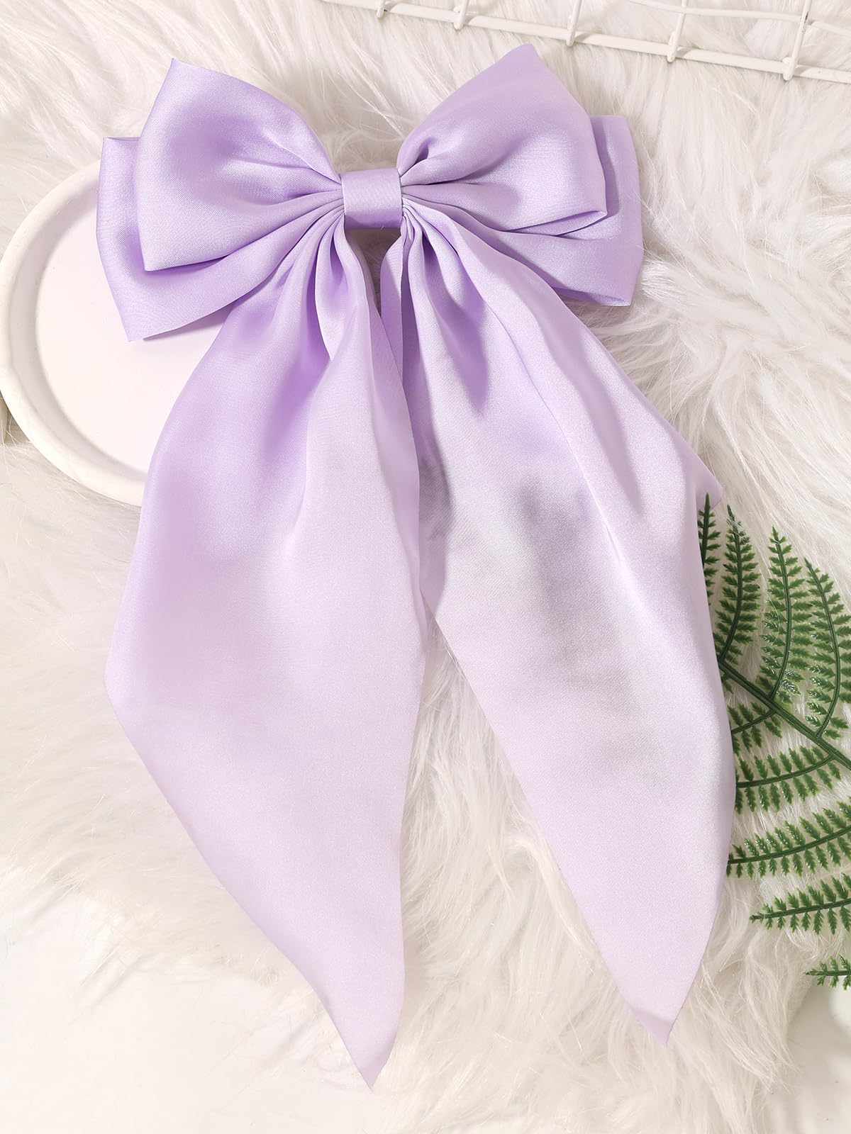 Furling Pompoms Hair Bows Clips for Women Large Bow Clip for Girls Satin Long Tails with Alligator Clips Big Hair Bow Hair Accessories (Blue Lilac)