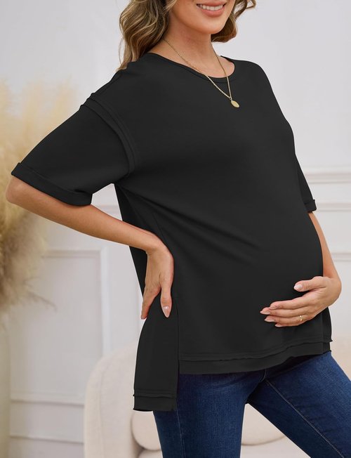 RUBZOOF Women's Oversized T-Shirts - Casual Short Sleeve Tunic with Side Split | Maternity Top