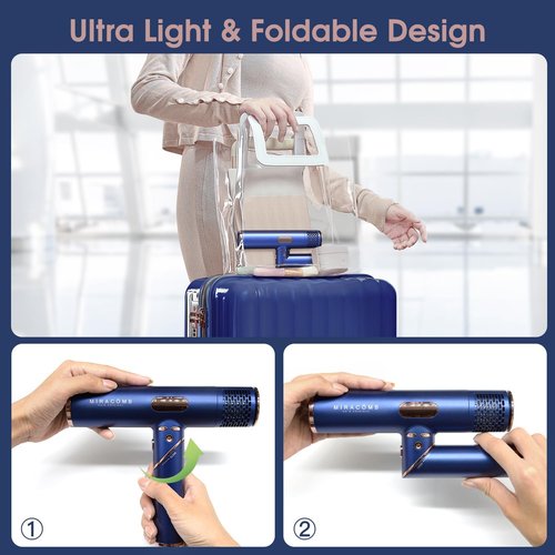 MIRACOMB Foldable Travel Hair Dryer - Powerful Ionic Blow Dryer with Brushless Motor, Lightweight & Portable