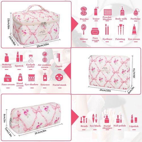3PC Makeup Bag Set, Quilted Makeup Bag, Large Floral Cosmetic Bag for Women, Cute Cotton Makeup Bags, Flower Travel Toiletry Organizer Bag (Pink Flower)