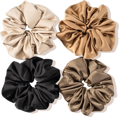 Lolalet Big Satin Scrunchies for Women, 5.9 Inch Large Oversized Scrunchie, Soft Jumbo/Giant Scrunchies Hair Ties for Thick & Curly Hair -4 Pack, Almond/Khaki/Black/Brown