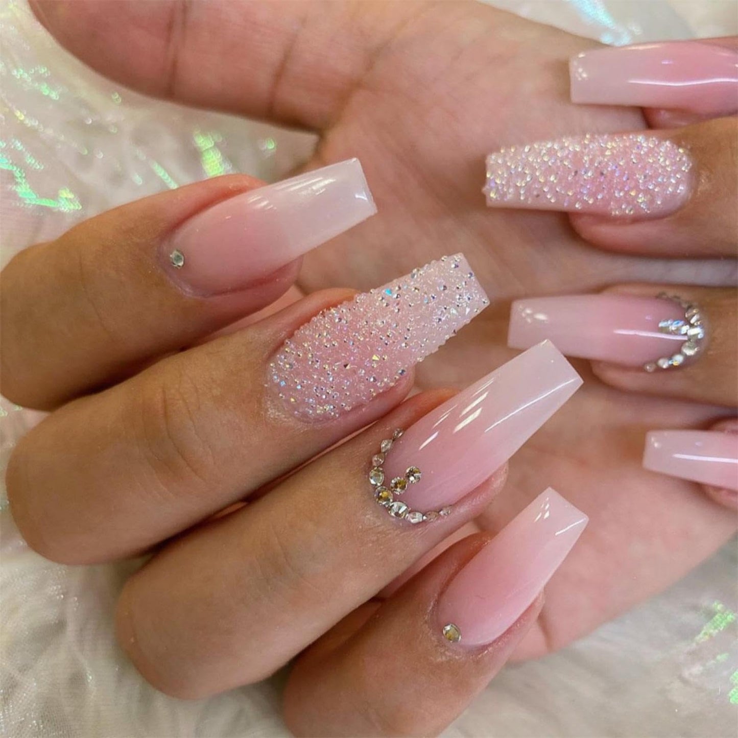 Diamond Press on Nails Medium Square Fake Nails Pink Glue on nails Gradient False Nails with Design Rhinestone Stick on Nails Full Cover Glossy Acrylic Nails for Women and Girls Manicure 24pcs