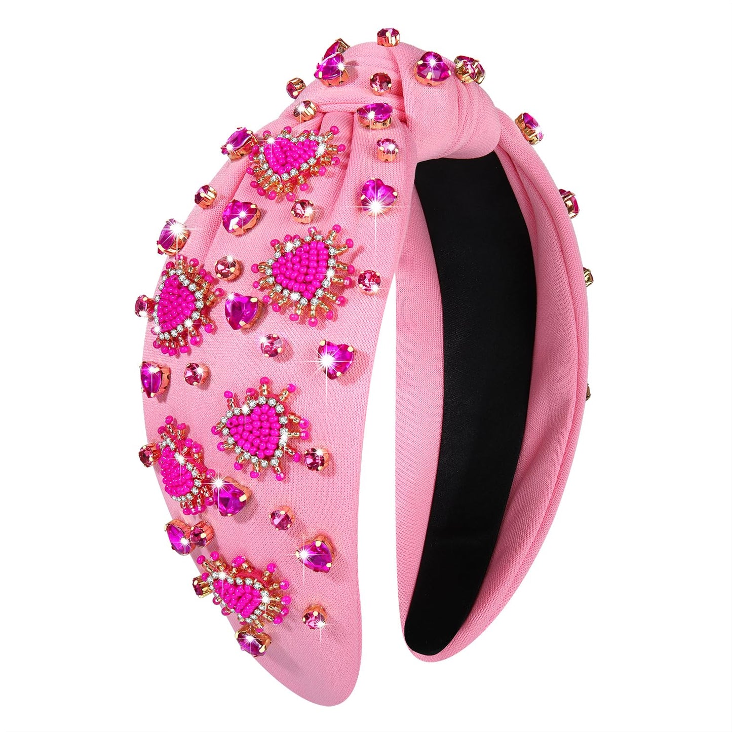 NVENF Women's Jeweled Crystal Rhinestone Knotted Headband - Red Pink Wide Top Knot Hair Accessory Gift