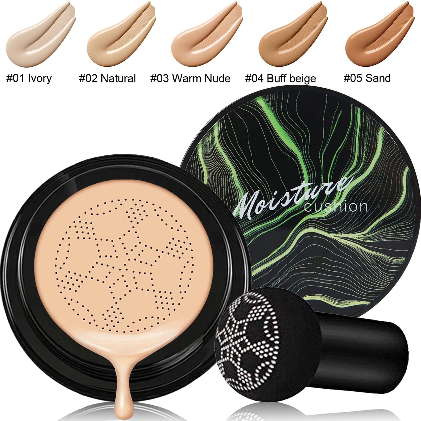 Mushroom Head Air Cushion CC Cream Nature Foundation,Moisturizing BB Cream Makeup Long Lasting Matte Concealer, Bright Makeup Base Long Lasting with Mushroom Makeup Sponge(#02 Natural)